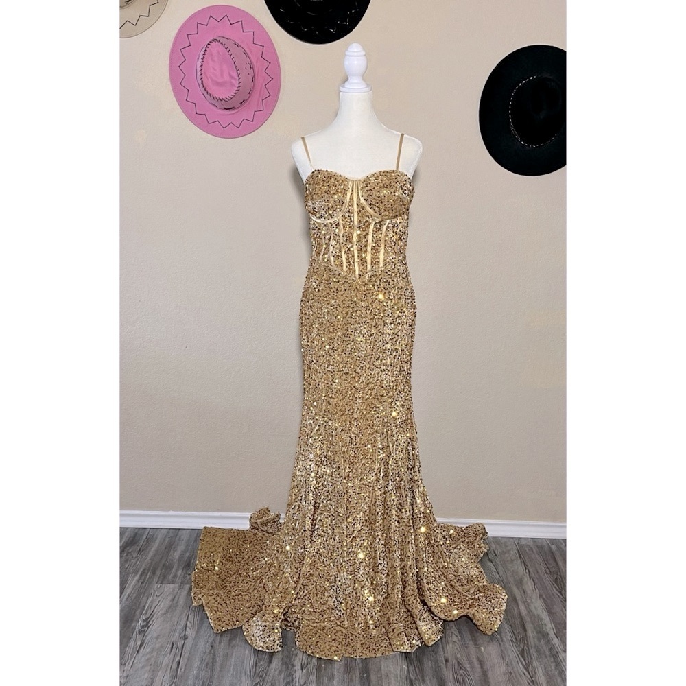 Gold Sequin Evening Gown with Corset Bodice